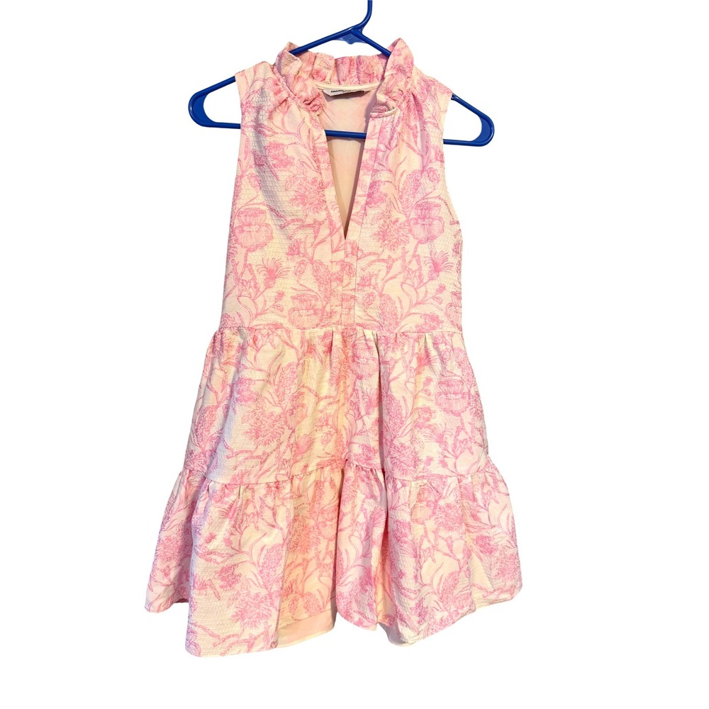 Amanda Uprichard Pink Floral Toile Jacquard Ruffle High Neck Mini Dress coquette